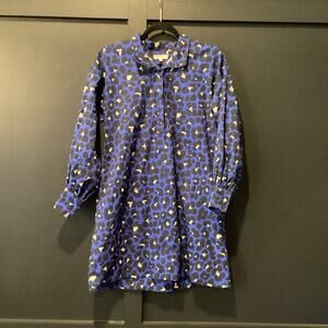 Ann Mashburn Animal Print blue Leopard Popover cotton long sleeve mini Dress XS